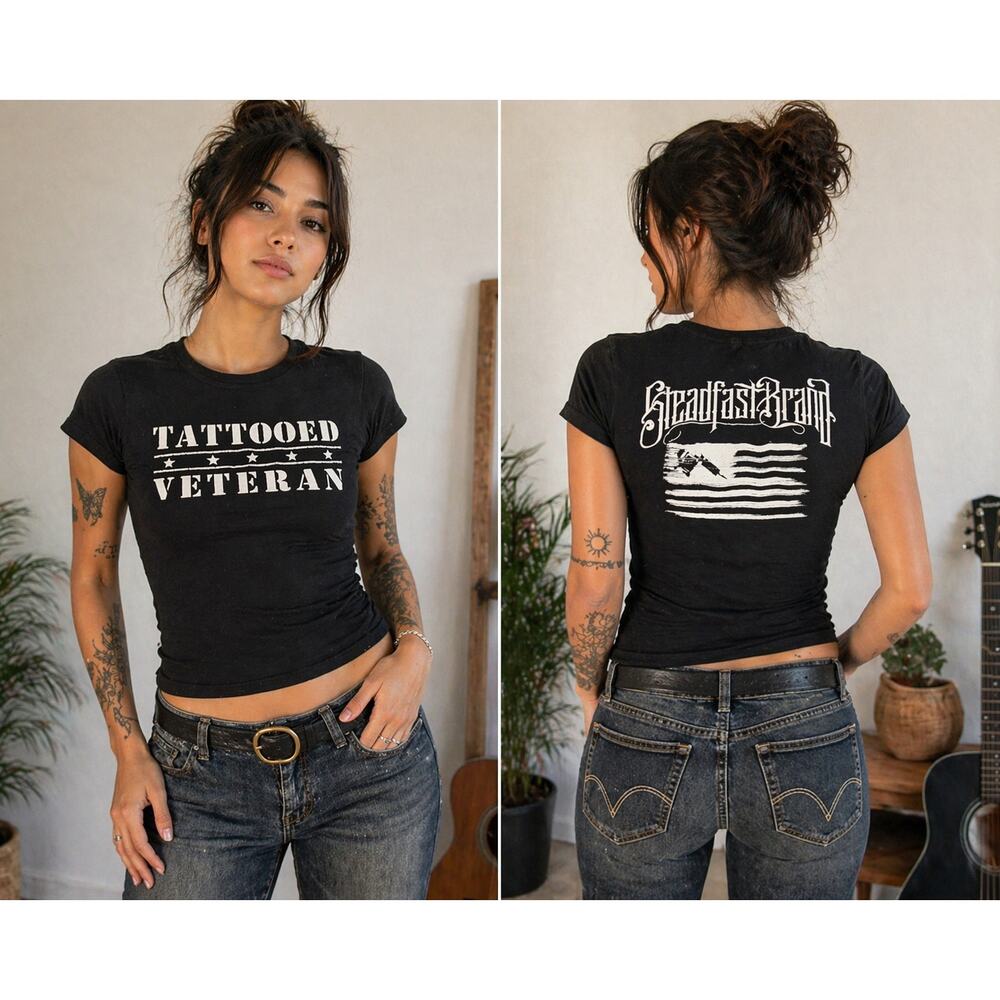Steadfast Brand Tattooed Veteran Black Baby Tee Military Womens Medium